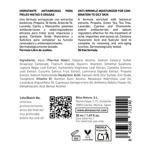 Crema idratante antirughe - Senza olio con propoli, salicilico e tè verde. Spf 20 - 50ml - Alma Secret - 2