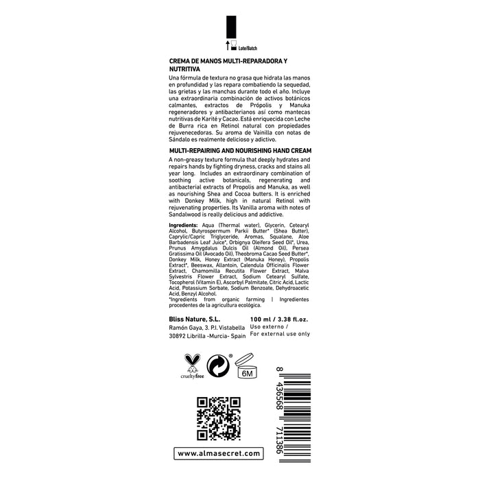 Crema Mani Multi-riparatrice - Cleopatra - Squalano, Avocado e Karitè - 100 ml - Alma Secret - 2