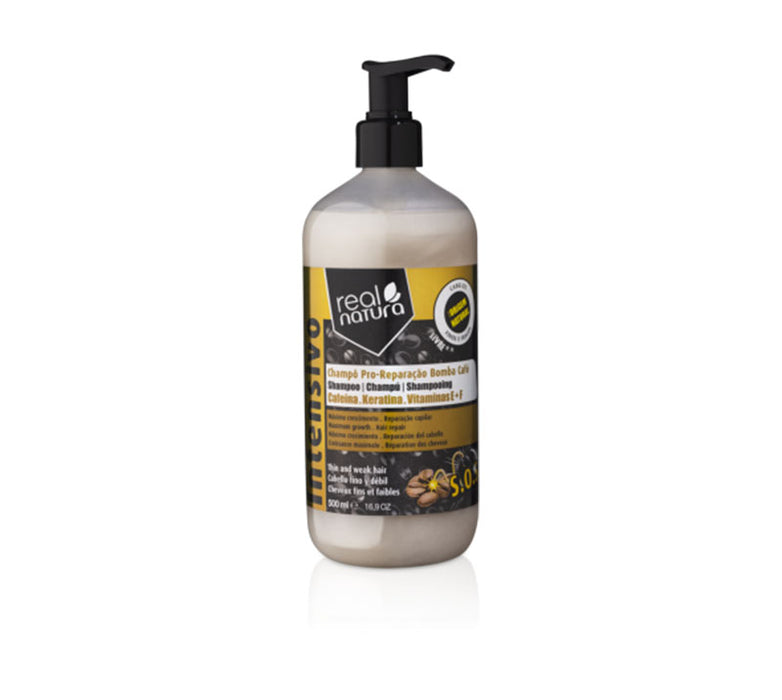 Shampoo senza Sale al Caffè per Capelli Danneggiati - Champô Senza Sale Pro-riparazione Caffè 500 ml - Real Natura - 1