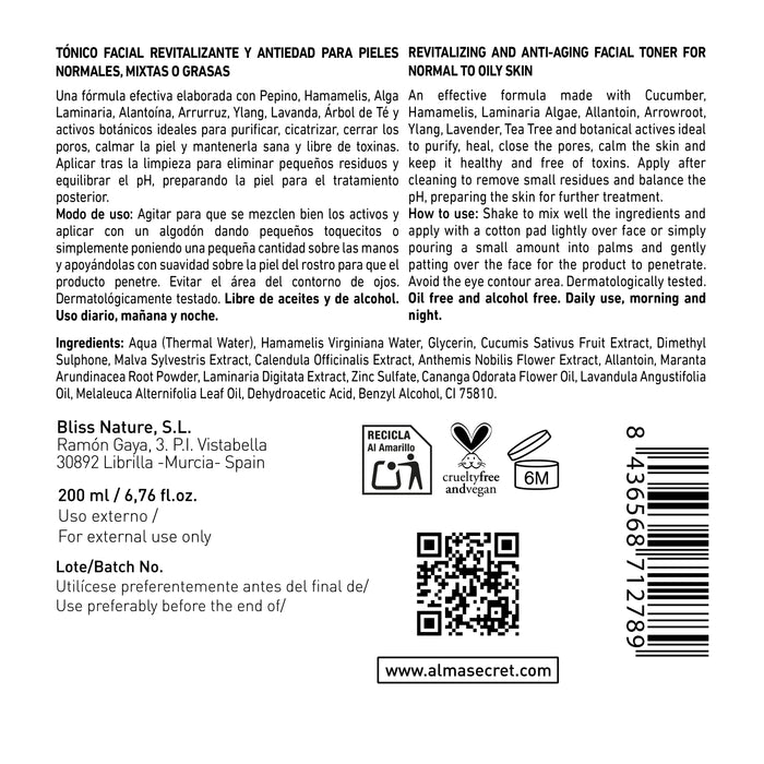 Tonico Viso Rivitalizzante e Anti-Age con Cetriolo & Amamelide 200 ml - Alma Secret - 2