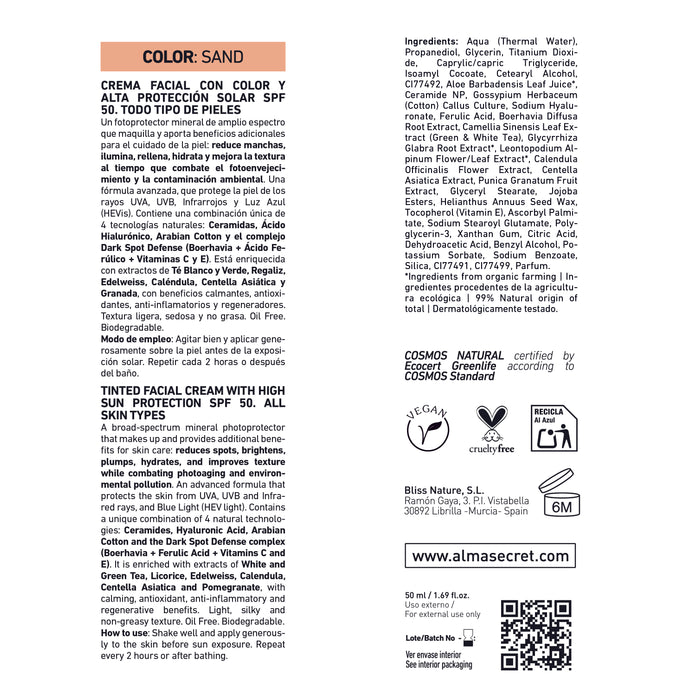 Crema Solare Viso Colorata SPF50: Sand 50 ml - Alma Secret - 3